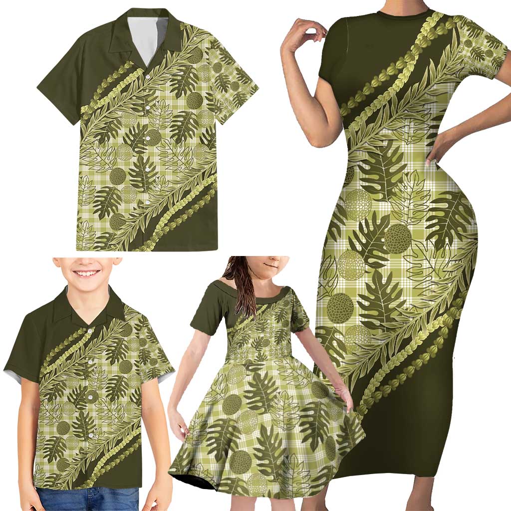 Hawaii Breadfruit Palaka Family Matching Short Sleeve Bodycon Dress and Hawaiian Shirt Omaomao Maile Lei - Polynesian Pride