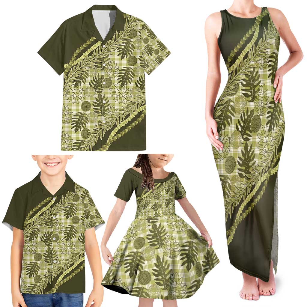 Hawaii Breadfruit Palaka Family Matching Tank Maxi Dress and Hawaiian Shirt Omaomao Maile Lei - Polynesian Pride