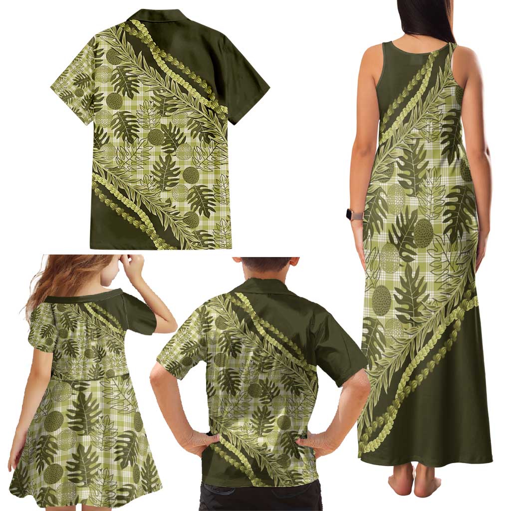 Hawaii Breadfruit Palaka Family Matching Tank Maxi Dress and Hawaiian Shirt Omaomao Maile Lei - Polynesian Pride
