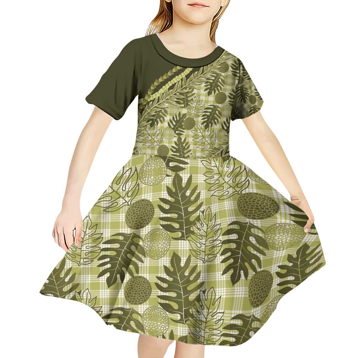 Hawaii Breadfruit Palaka Kid Short Sleeve Dress Omaomao Maile Lei - Polynesian Pride