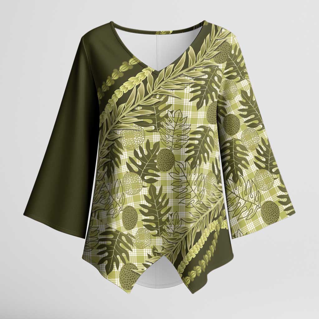 Hawaii Breadfruit Palaka Kimono Sleeve Blouse Omaomao Maile Lei - Polynesian Pride