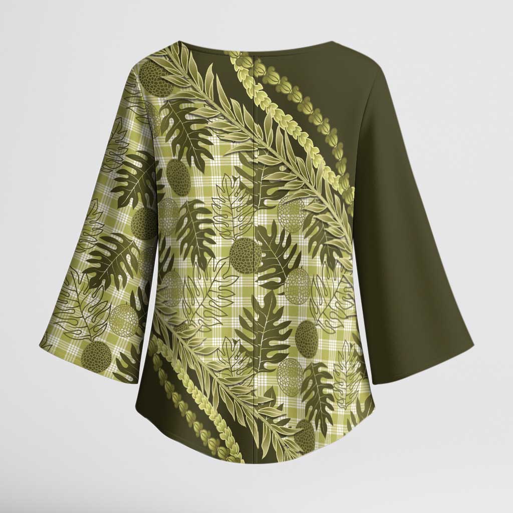 Hawaii Breadfruit Palaka Kimono Sleeve Blouse Omaomao Maile Lei - Polynesian Pride