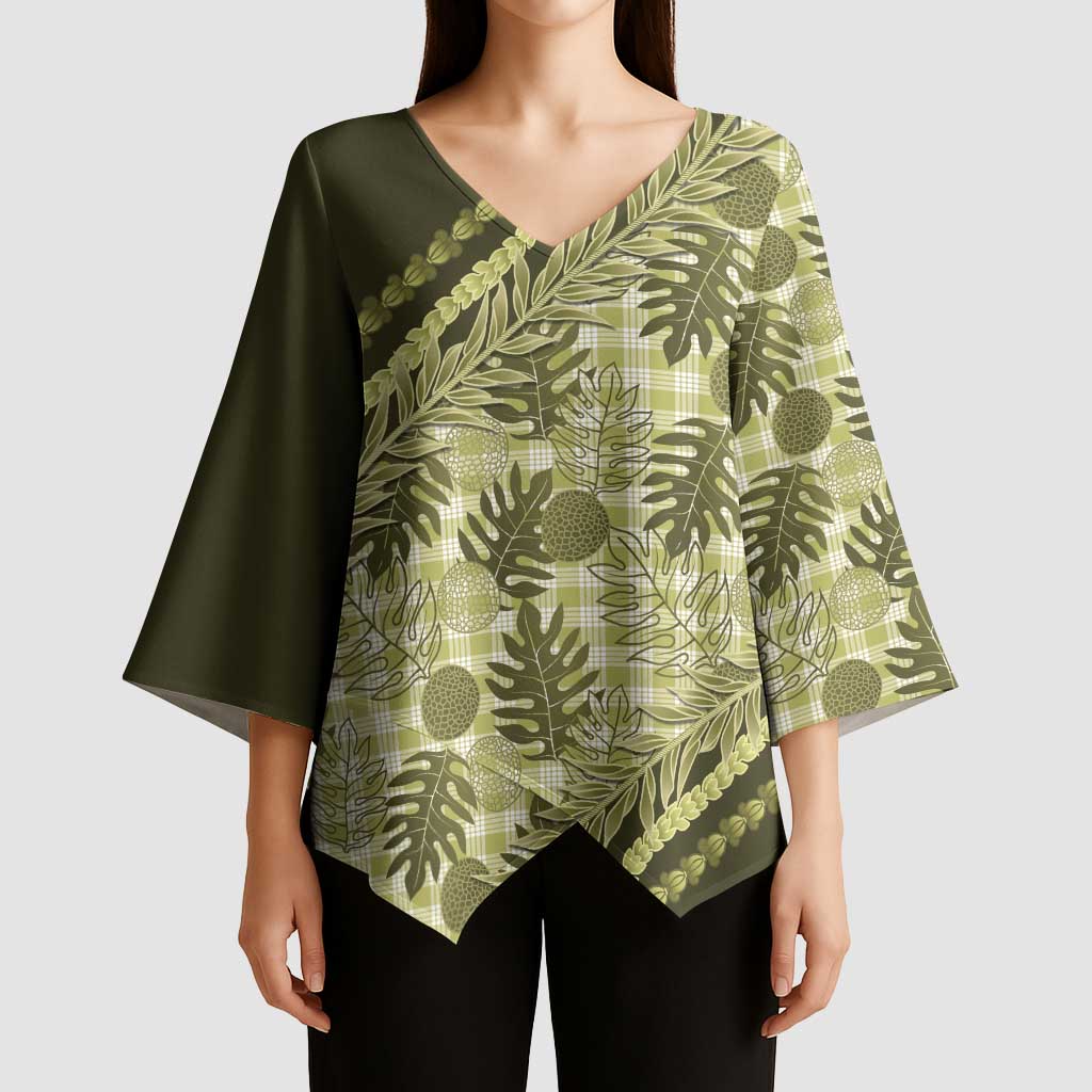 Hawaii Breadfruit Palaka Kimono Sleeve Blouse Omaomao Maile Lei - Polynesian Pride
