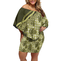 Hawaii Breadfruit Palaka Off Shoulder Short Dress Omaomao Maile Lei - Polynesian Pride