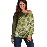 Hawaii Breadfruit Palaka Off Shoulder Sweater Omaomao Maile Lei LT9 Women Green - Polynesian Pride