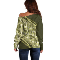 Hawaii Breadfruit Palaka Off Shoulder Sweater Omaomao Maile Lei LT9 - Polynesian Pride