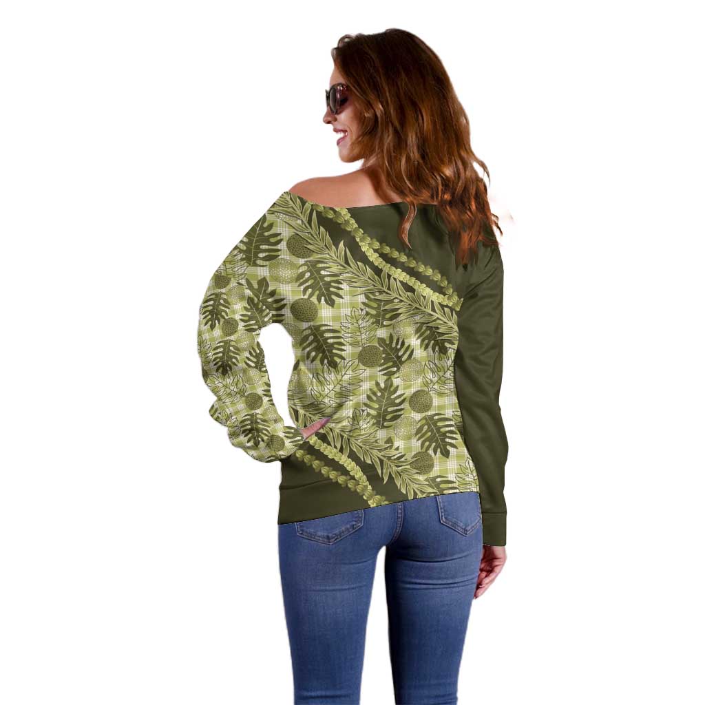 Hawaii Breadfruit Palaka Off Shoulder Sweater Omaomao Maile Lei LT9 - Polynesian Pride