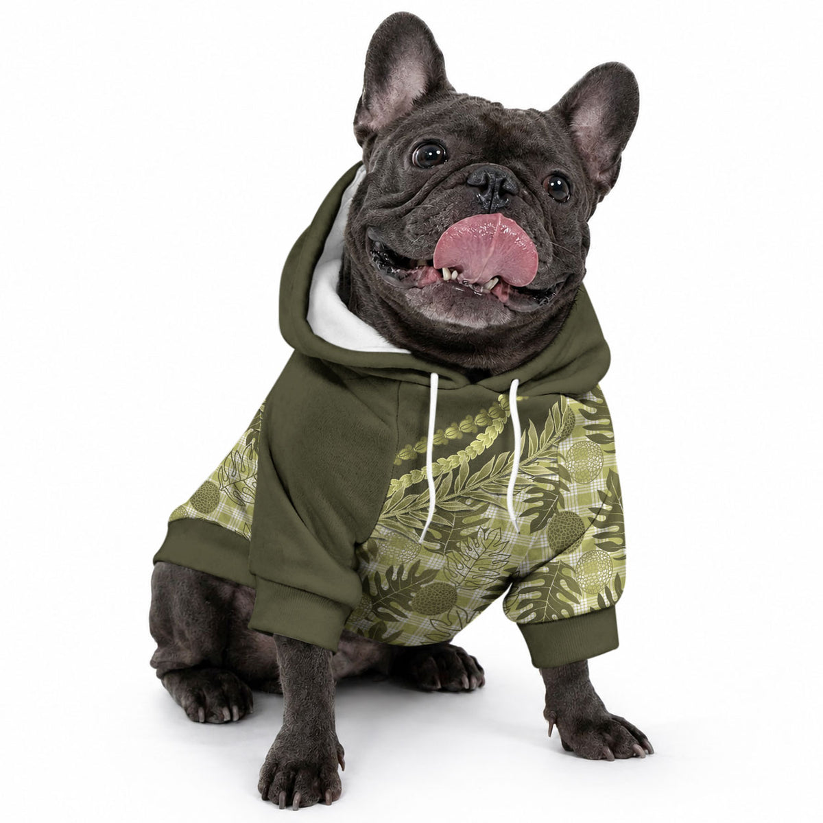 Hawaii Breadfruit Palaka Pet Hoodie Omaomao Maile Lei
