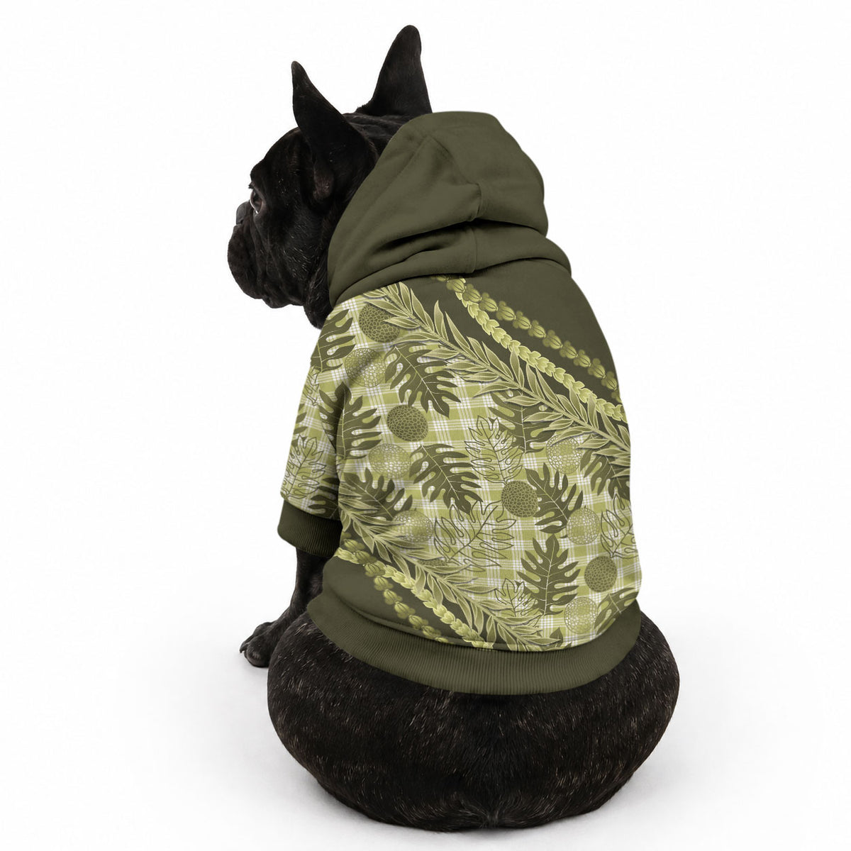 Hawaii Breadfruit Palaka Pet Hoodie Omaomao Maile Lei