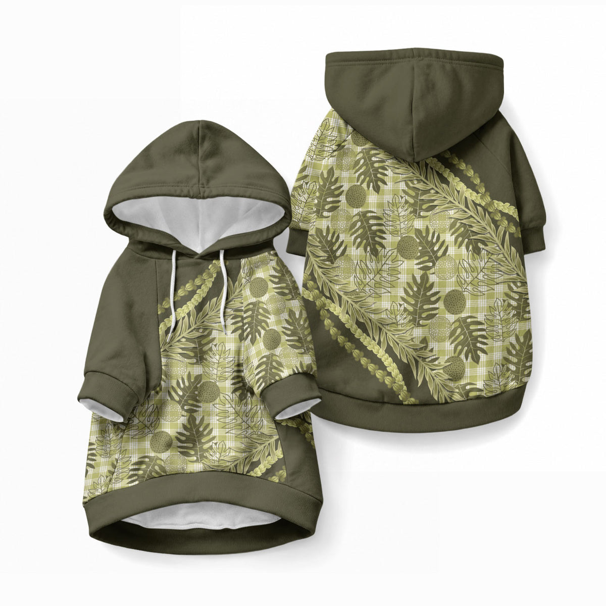 Hawaii Breadfruit Palaka Pet Hoodie Omaomao Maile Lei