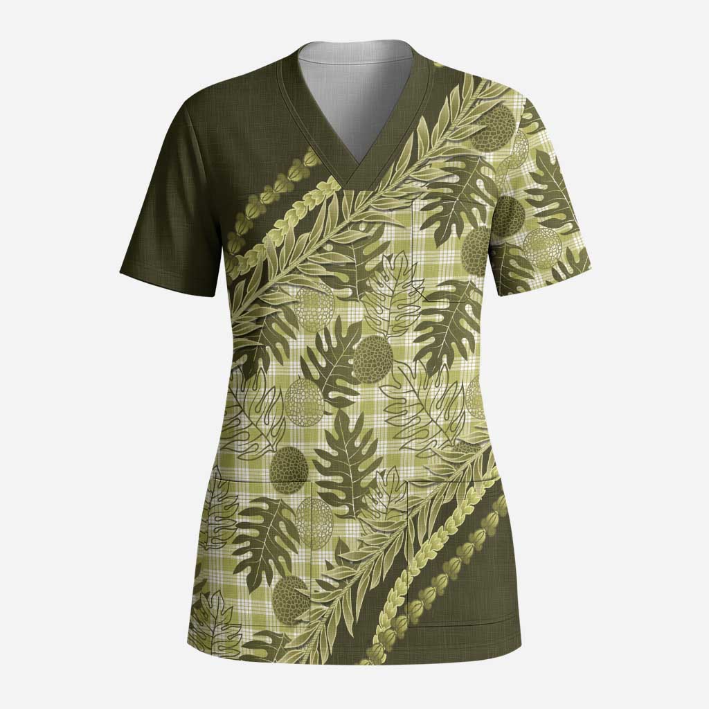 Hawaii Breadfruit Palaka Scrub Top Omaomao Maile Lei - Polynesian Pride