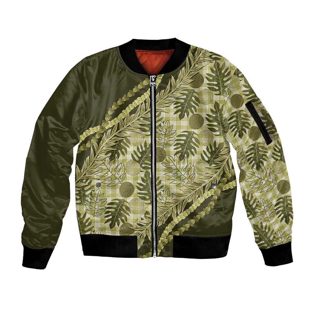 Hawaii Breadfruit Palaka Sleeve Zip Bomber Jacket Omaomao Maile Lei - Polynesian Pride