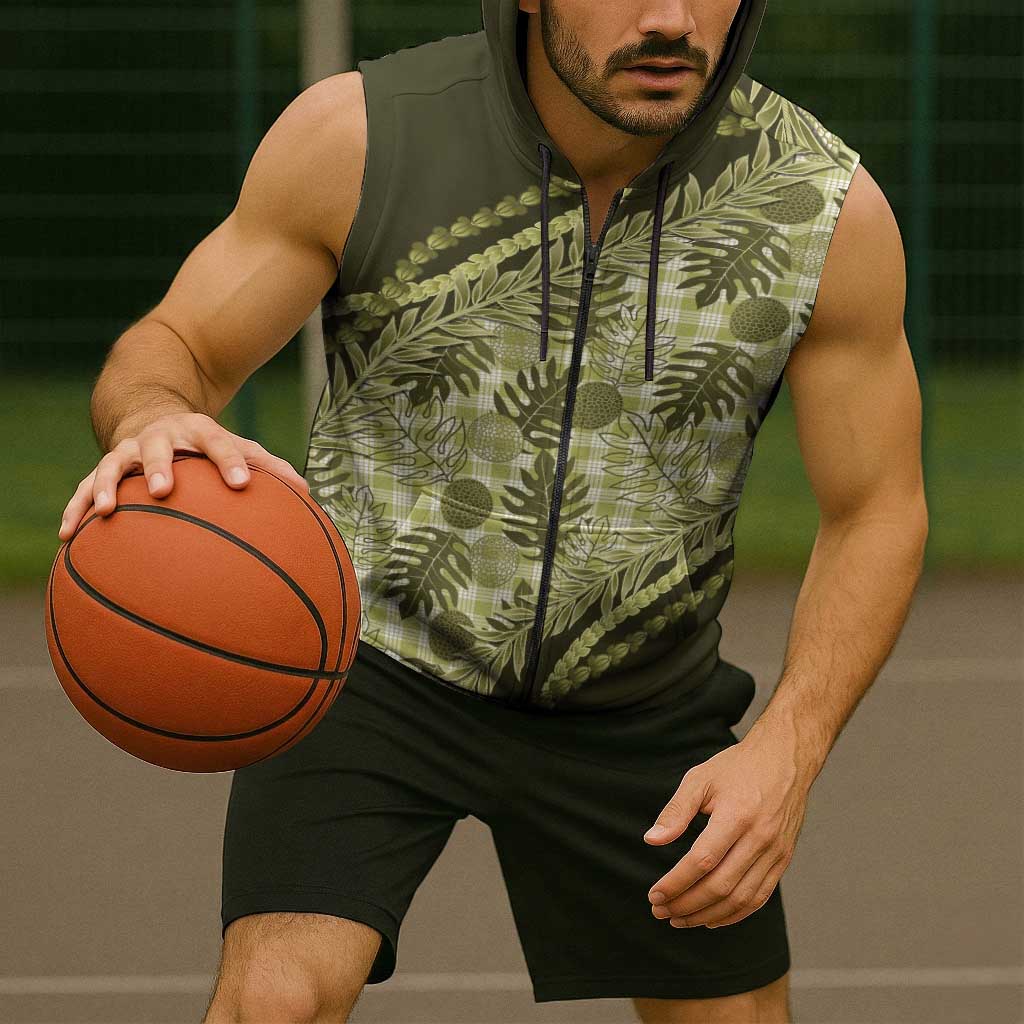 Hawaii Breadfruit Palaka Sleeveless Zip Hoodie Omaomao Maile Lei - Polynesian Pride