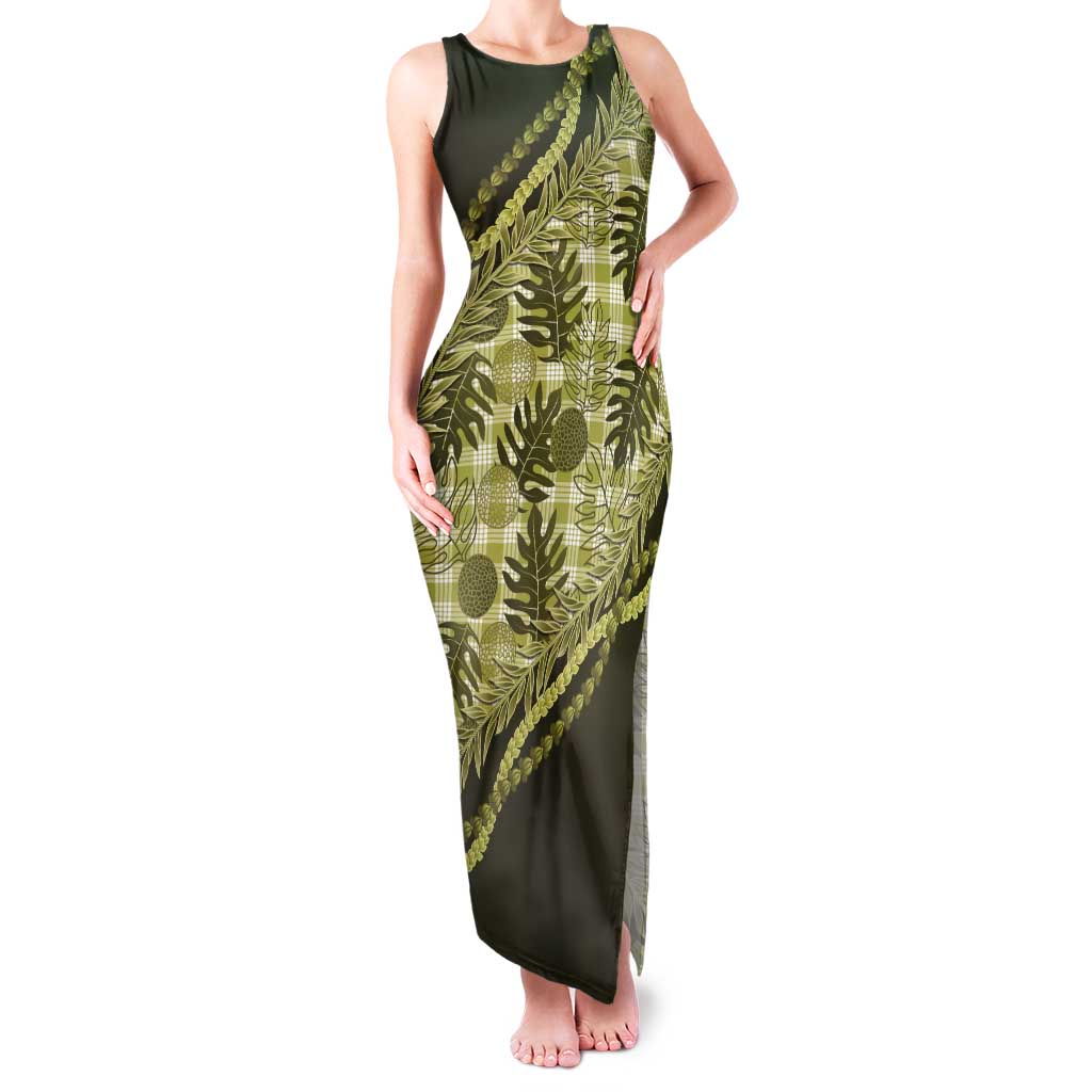 Hawaii Breadfruit Palaka Tank Maxi Dress Omaomao Maile Lei LT9 Women Green - Polynesian Pride