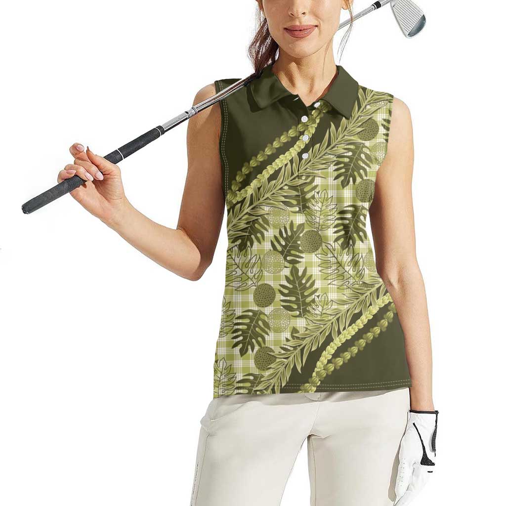 Hawaii Breadfruit Palaka Women Sleeveless Polo Shirt Omaomao Maile Lei - Polynesian Pride