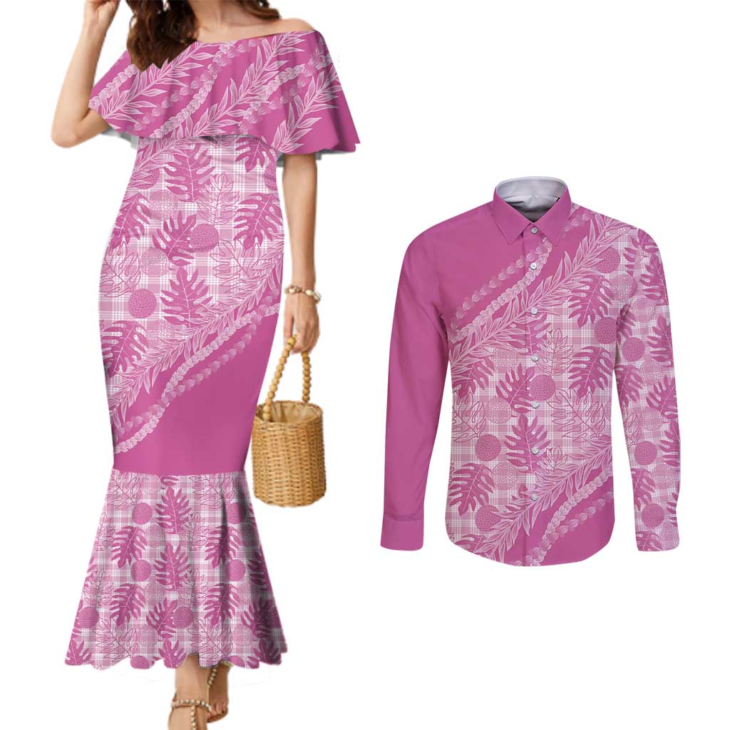 Hawaii Breadfruit Palaka Couples Matching Mermaid Dress and Long Sleeve Button Shirt Omaomao Ulaula Maile Lei - Polynesian Pride