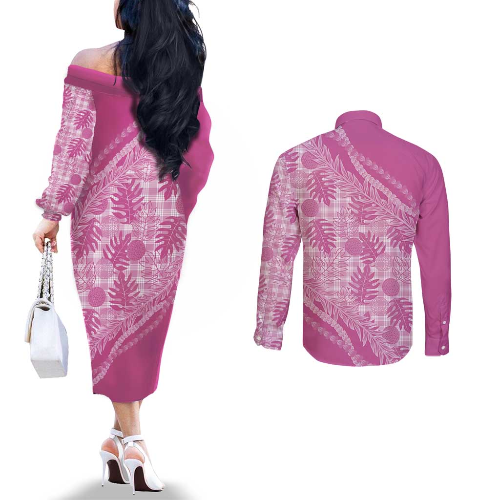 Hawaii Breadfruit Palaka Couples Matching Off The Shoulder Long Sleeve Dress and Long Sleeve Button Shirt Omaomao Ulaula Maile Lei - Polynesian Pride