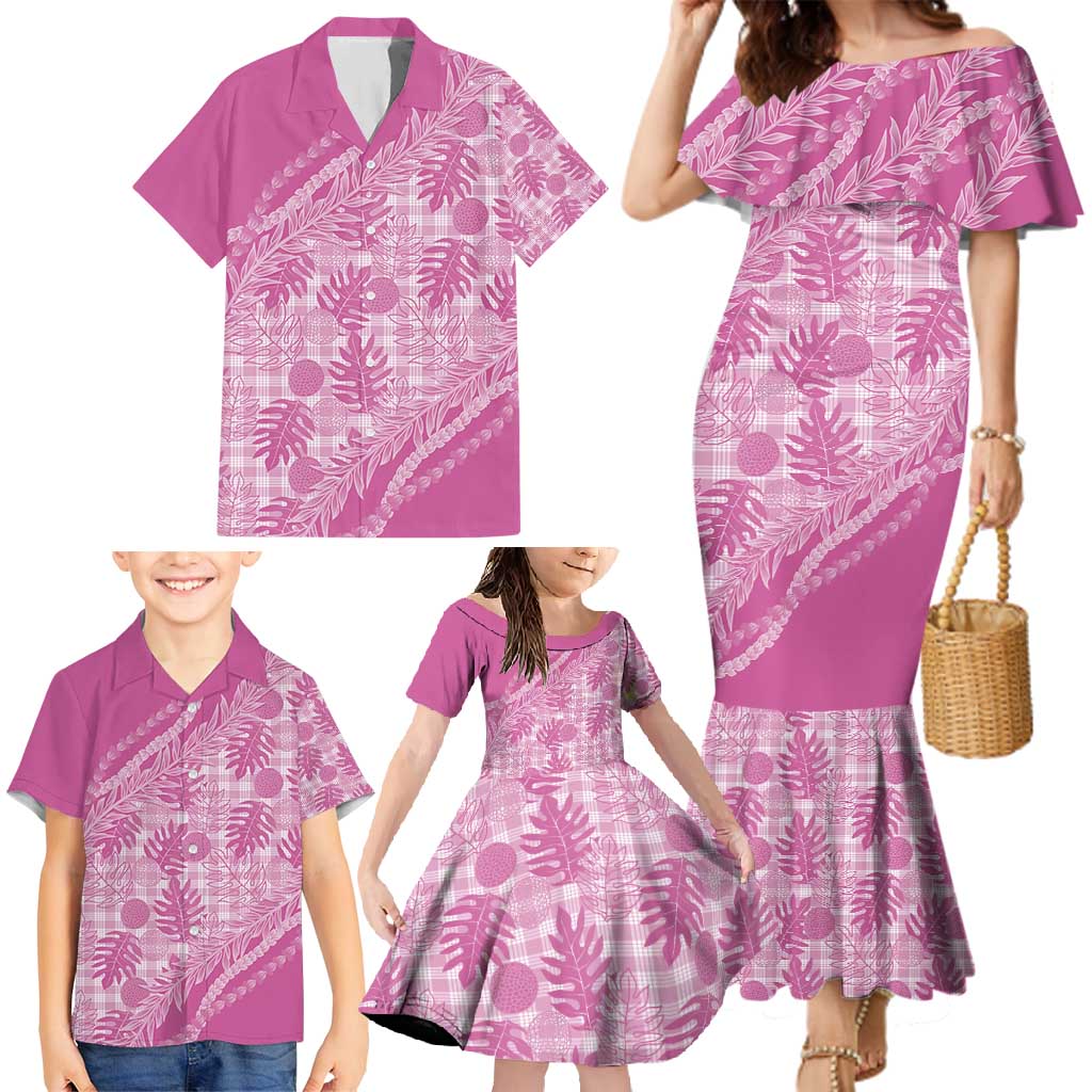 Hawaii Breadfruit Palaka Family Matching Mermaid Dress and Hawaiian Shirt Omaomao Ulaula Maile Lei - Polynesian Pride