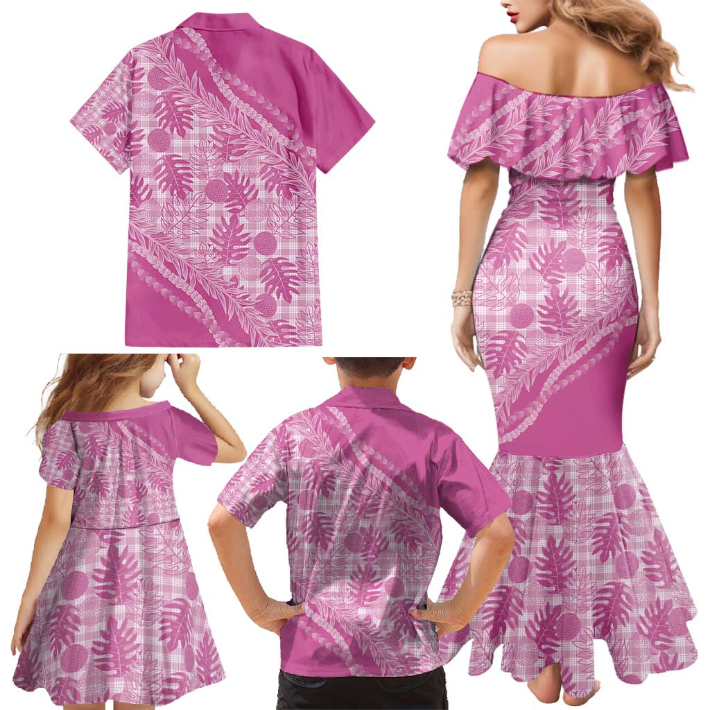 Hawaii Breadfruit Palaka Family Matching Mermaid Dress and Hawaiian Shirt Omaomao Ulaula Maile Lei - Polynesian Pride
