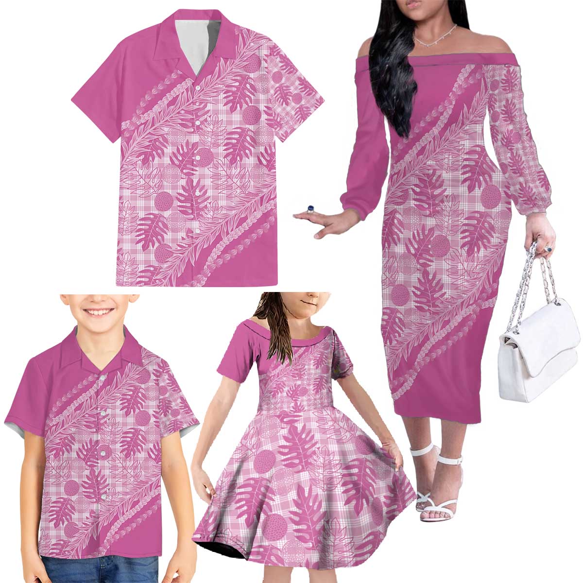 Hawaii Breadfruit Palaka Family Matching Off The Shoulder Long Sleeve Dress and Hawaiian Shirt Omaomao Ulaula Maile Lei - Polynesian Pride