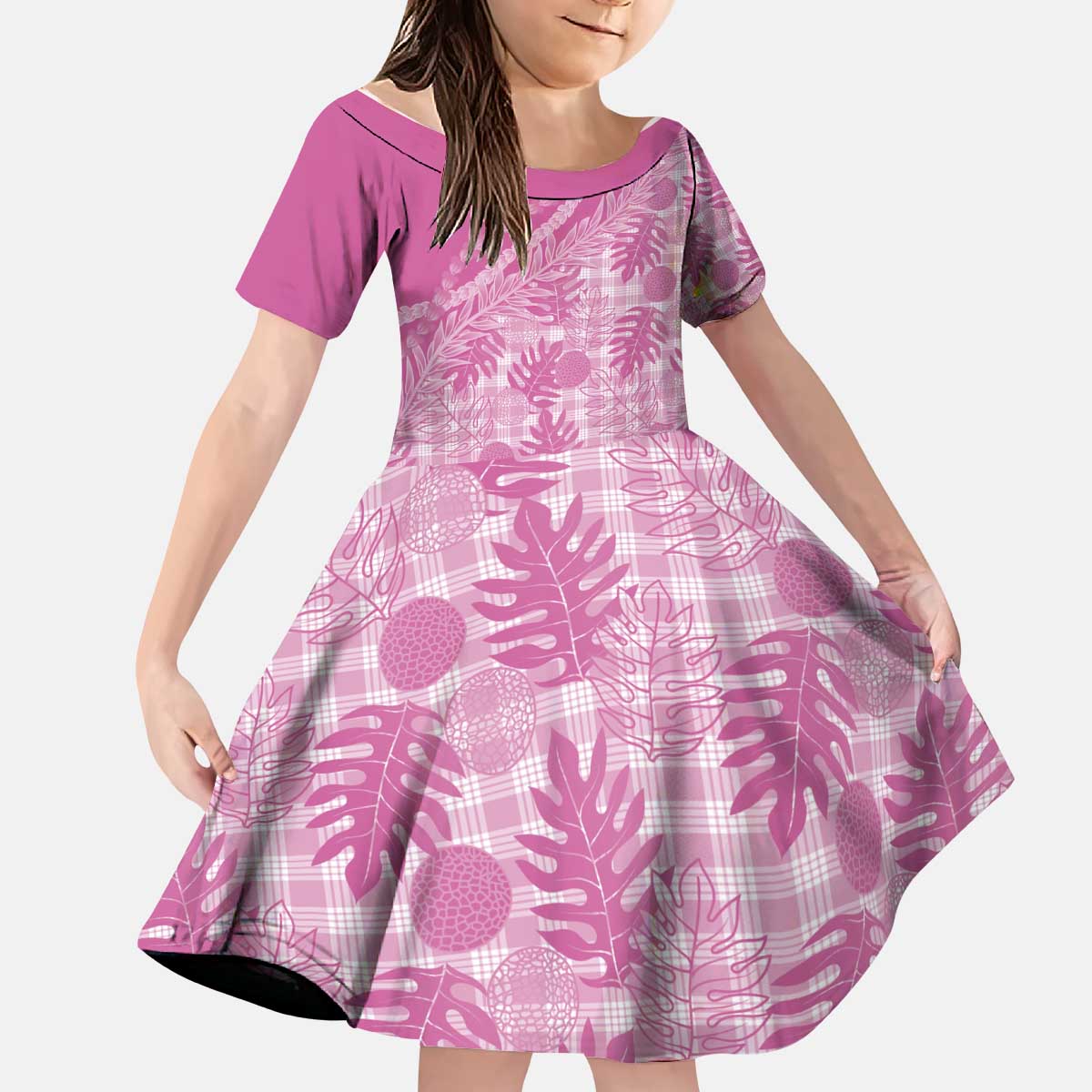 Hawaii Breadfruit Palaka Kid Short Sleeve Dress Omaomao Ulaula Maile Lei - Polynesian Pride