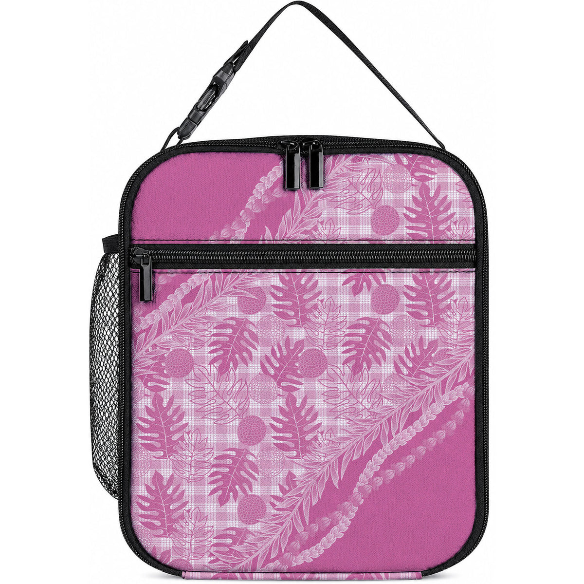 Hawaii Breadfruit Palaka Lunch Bag Omaomao Ulaula Maile Lei LT9 10.2 × 8.3 × 4.3 inch Pink - Polynesian Pride