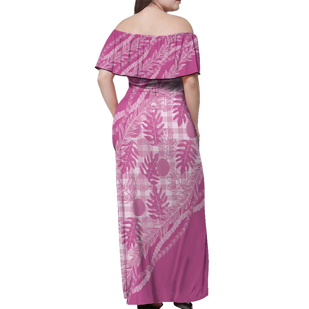 Hawaii Breadfruit Palaka Off Shoulder Maxi Dress Omaomao Ulaula Maile Lei - Polynesian Pride