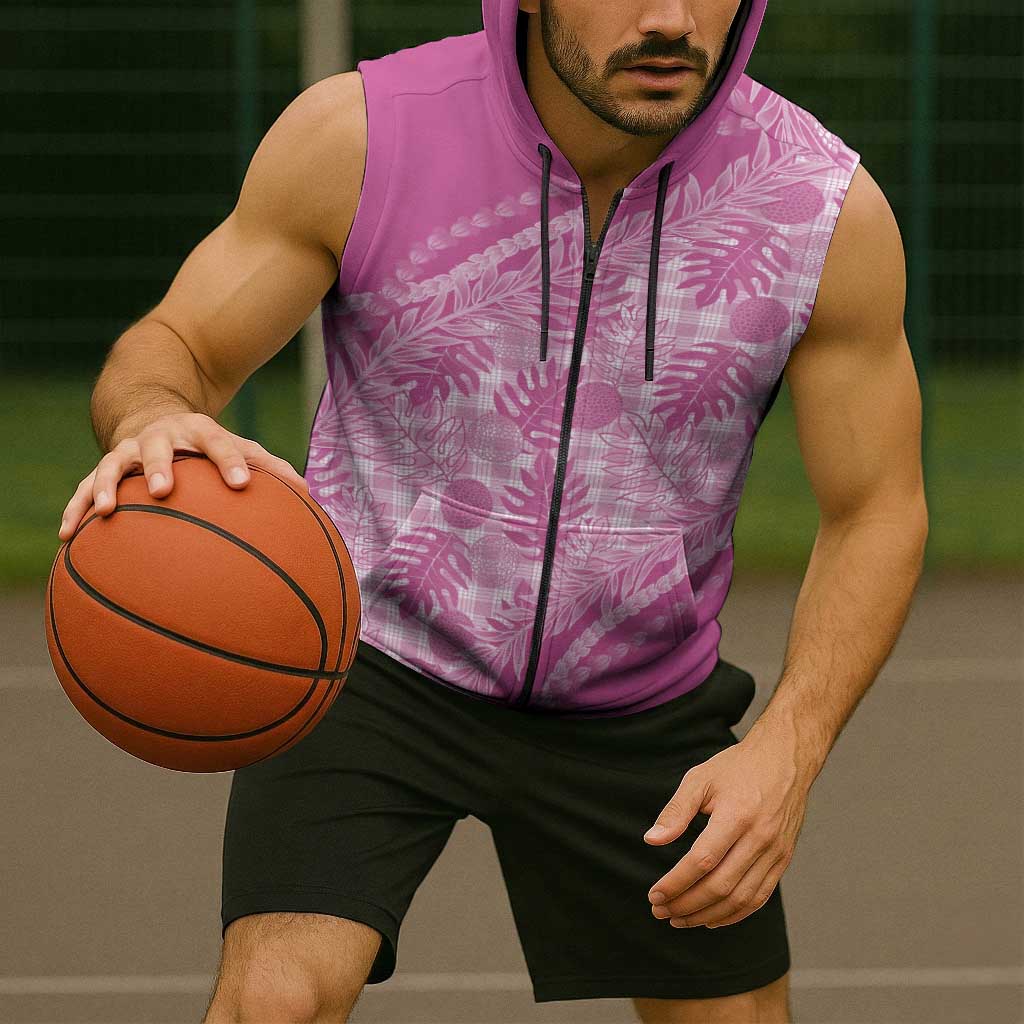 Hawaii Breadfruit Palaka Sleeveless Zip Hoodie Omaomao Ulaula Maile Lei - Polynesian Pride