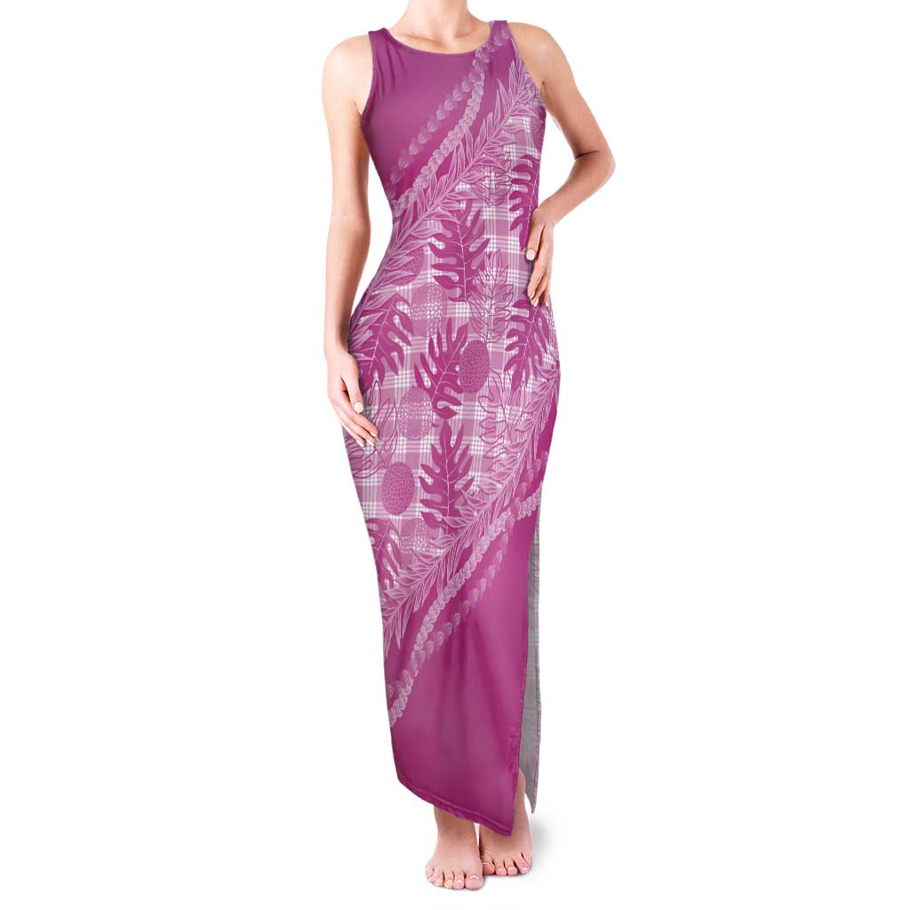 Hawaii Breadfruit Palaka Tank Maxi Dress Omaomao Ulaula Maile Lei LT9 Women Pink - Polynesian Pride
