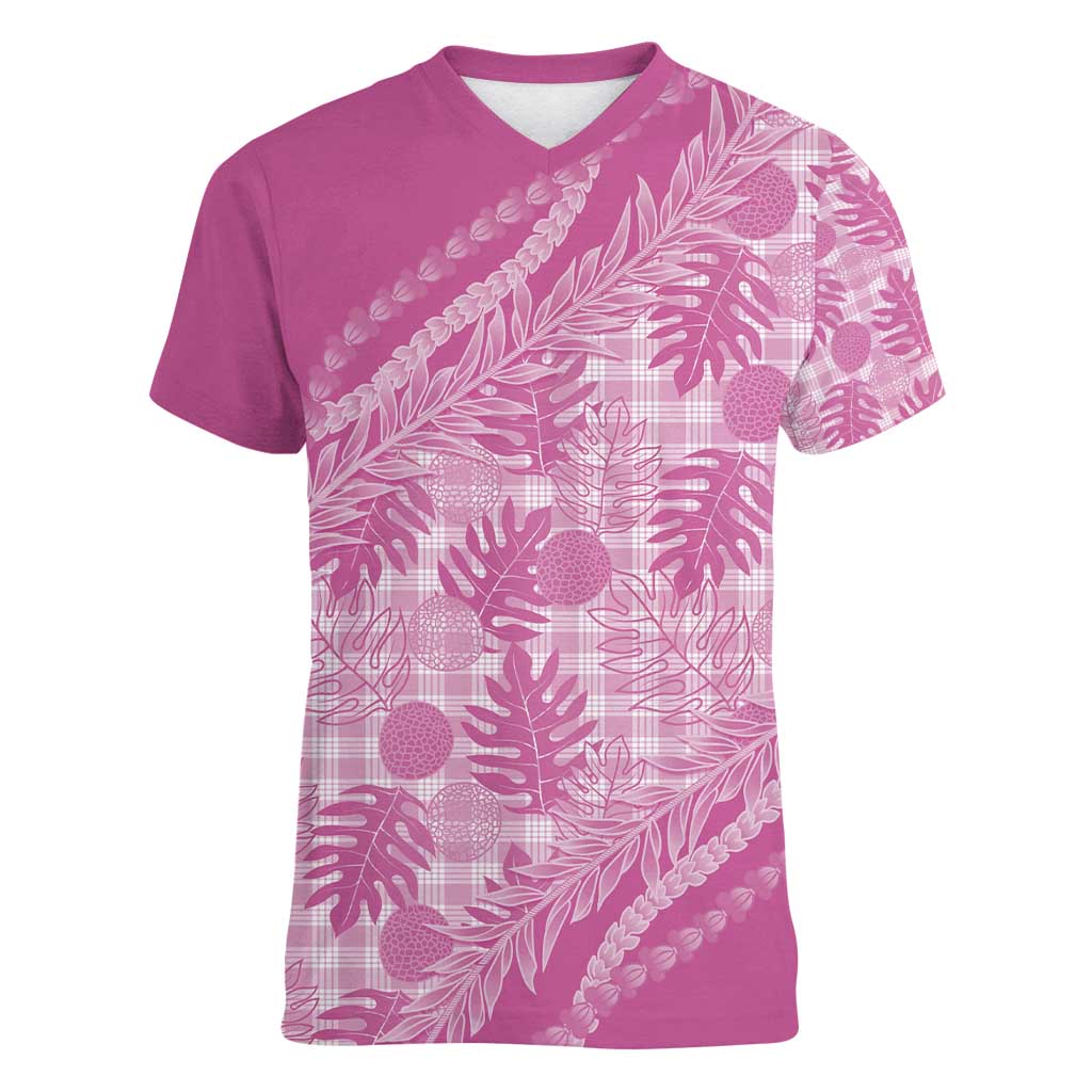 Hawaii Breadfruit Palaka Women V-Neck T-Shirt Omaomao Ulaula Maile Lei - Polynesian Pride