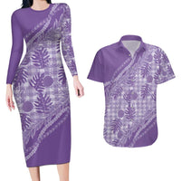 Hawaii Breadfruit Palaka Couples Matching Long Sleeve Bodycon Dress and Hawaiian Shirt Poni Maile Lei - Polynesian Pride
