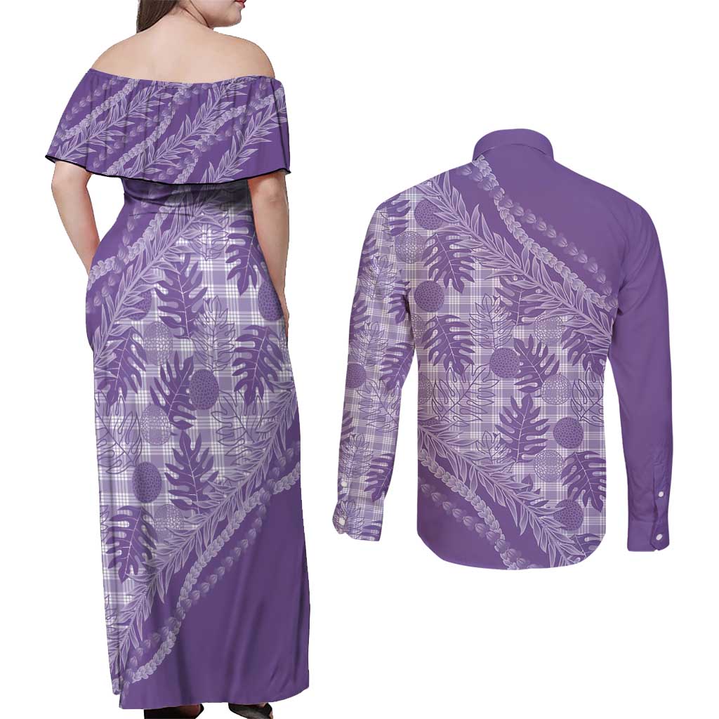 Hawaii Breadfruit Palaka Couples Matching Off Shoulder Maxi Dress and Long Sleeve Button Shirt Poni Maile Lei - Polynesian Pride