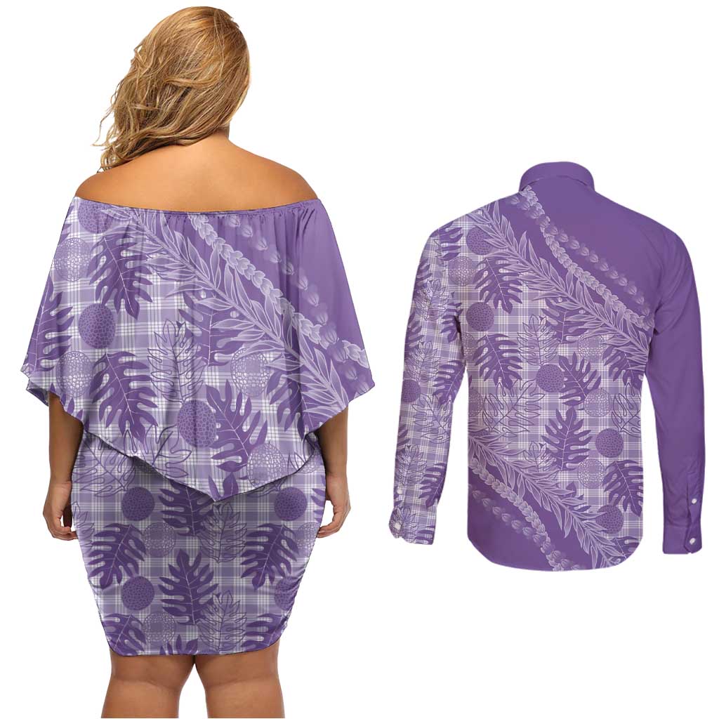 Hawaii Breadfruit Palaka Couples Matching Off Shoulder Short Dress and Long Sleeve Button Shirt Poni Maile Lei - Polynesian Pride