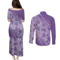 Hawaii Breadfruit Palaka Couples Matching Puletasi and Long Sleeve Button Shirt Poni Maile Lei - Polynesian Pride