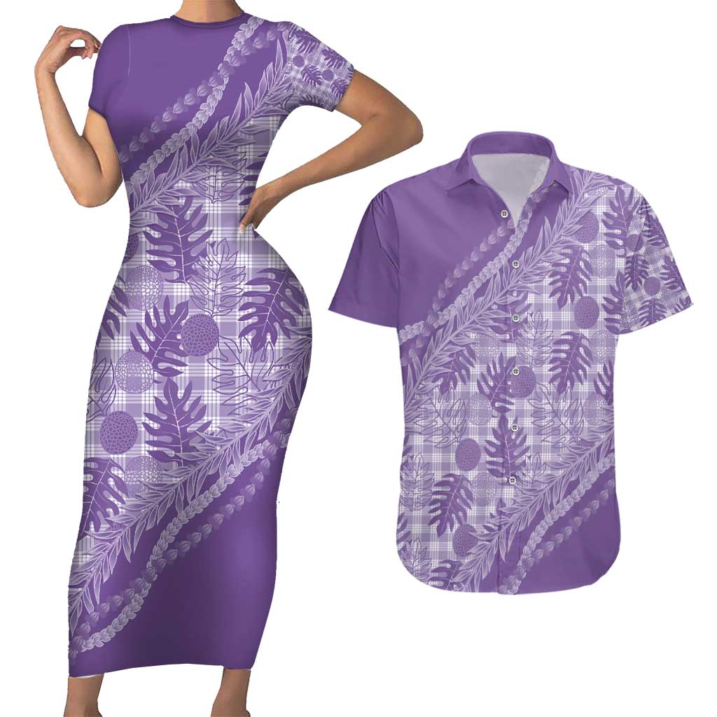 Hawaii Breadfruit Palaka Couples Matching Short Sleeve Bodycon Dress and Hawaiian Shirt Poni Maile Lei - Polynesian Pride