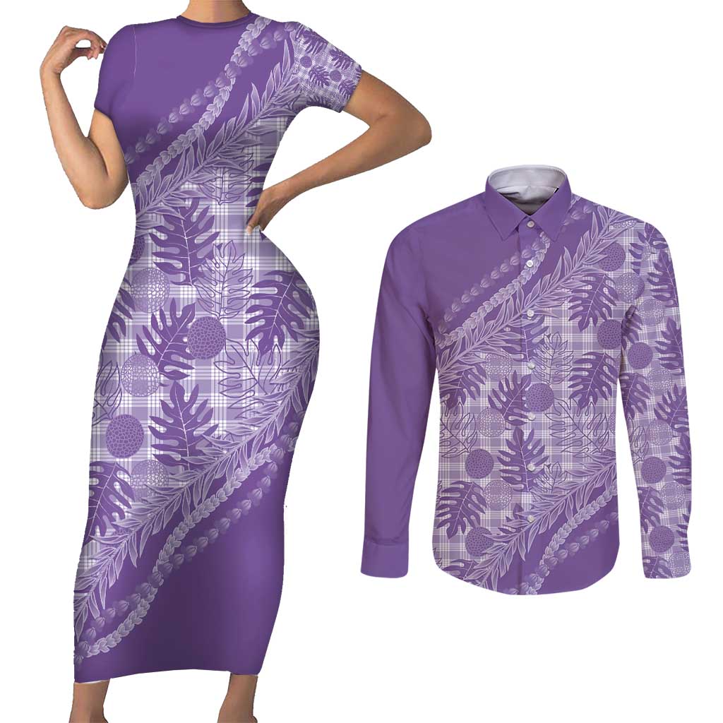 Hawaii Breadfruit Palaka Couples Matching Short Sleeve Bodycon Dress and Long Sleeve Button Shirt Poni Maile Lei - Polynesian Pride