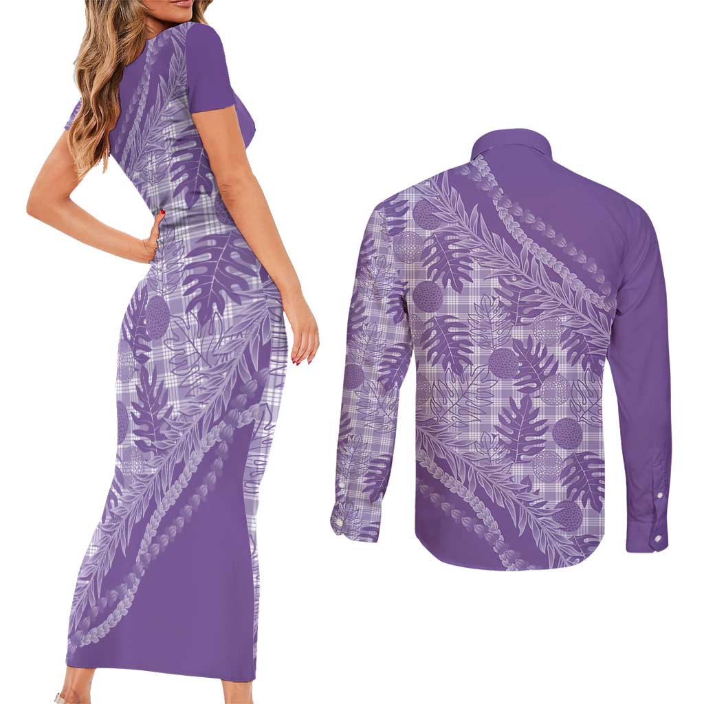 Hawaii Breadfruit Palaka Couples Matching Short Sleeve Bodycon Dress and Long Sleeve Button Shirt Poni Maile Lei - Polynesian Pride