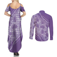 Hawaii Breadfruit Palaka Couples Matching Summer Maxi Dress and Long Sleeve Button Shirt Poni Maile Lei - Polynesian Pride