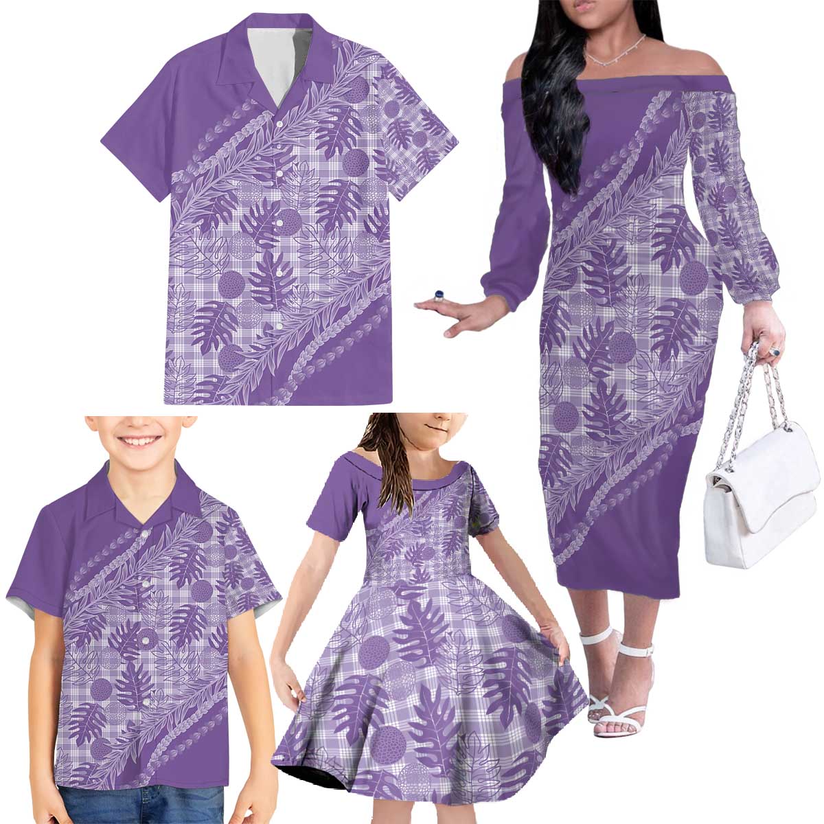 Hawaii Breadfruit Palaka Family Matching Off The Shoulder Long Sleeve Dress and Hawaiian Shirt Poni Maile Lei - Polynesian Pride