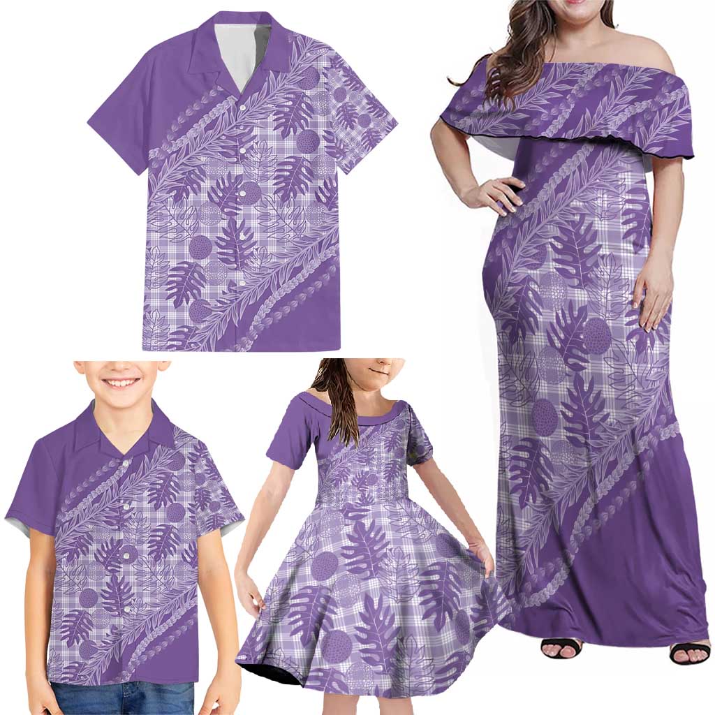 Hawaii Breadfruit Palaka Family Matching Off Shoulder Maxi Dress and Hawaiian Shirt Poni Maile Lei - Polynesian Pride