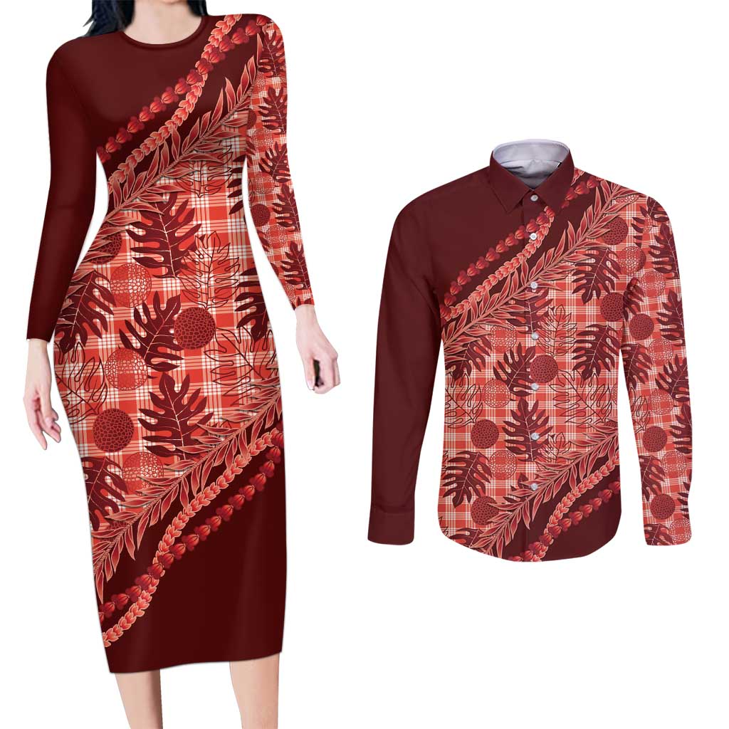 Hawaii Breadfruit Palaka Couples Matching Long Sleeve Bodycon Dress and Long Sleeve Button Shirt Ulaula Maile Lei - Polynesian Pride