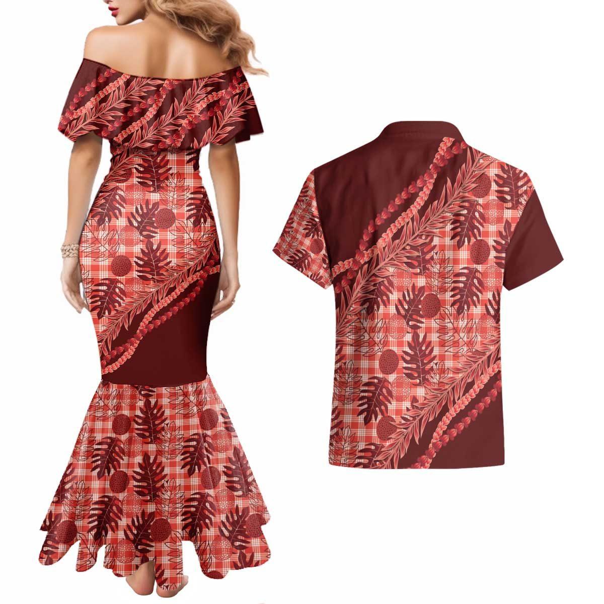 Hawaii Breadfruit Palaka Couples Matching Mermaid Dress and Hawaiian Shirt Ulaula Maile Lei - Polynesian Pride