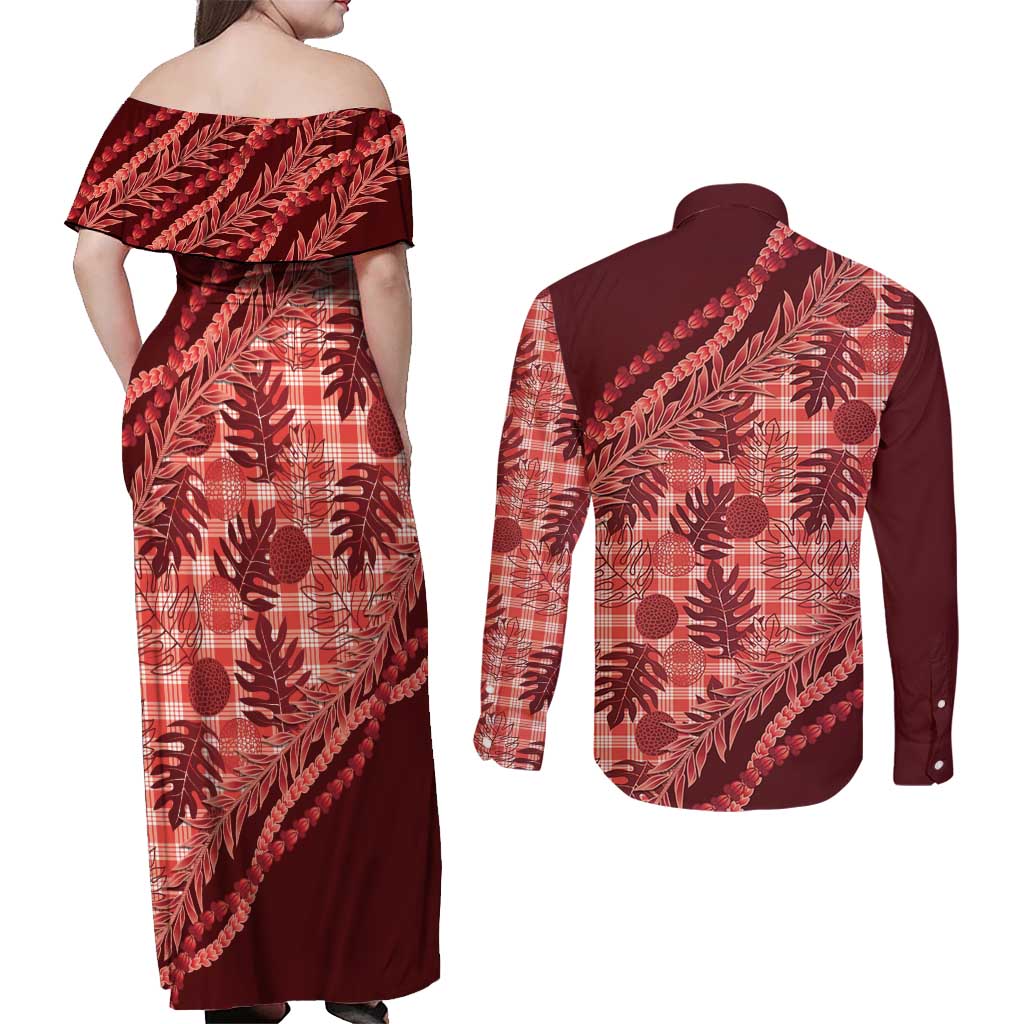 Hawaii Breadfruit Palaka Couples Matching Off Shoulder Maxi Dress and Long Sleeve Button Shirt Ulaula Maile Lei - Polynesian Pride