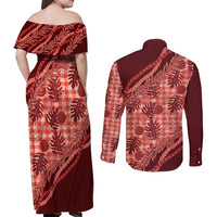 Hawaii Breadfruit Palaka Couples Matching Off Shoulder Maxi Dress and Long Sleeve Button Shirt Ulaula Maile Lei - Polynesian Pride