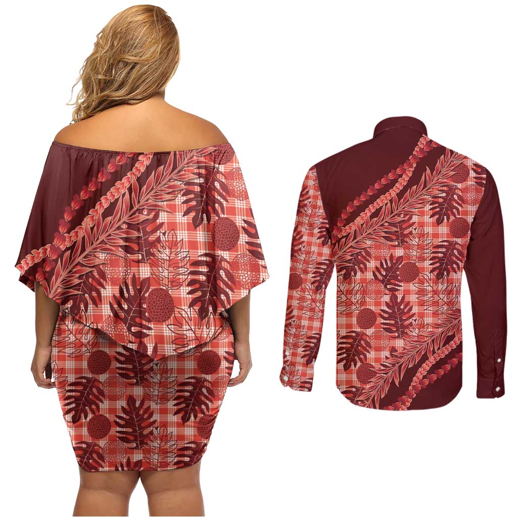 Hawaii Breadfruit Palaka Couples Matching Off Shoulder Short Dress and Long Sleeve Button Shirt Ulaula Maile Lei - Polynesian Pride