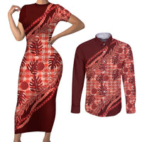 Hawaii Breadfruit Palaka Couples Matching Short Sleeve Bodycon Dress and Long Sleeve Button Shirt Ulaula Maile Lei - Polynesian Pride