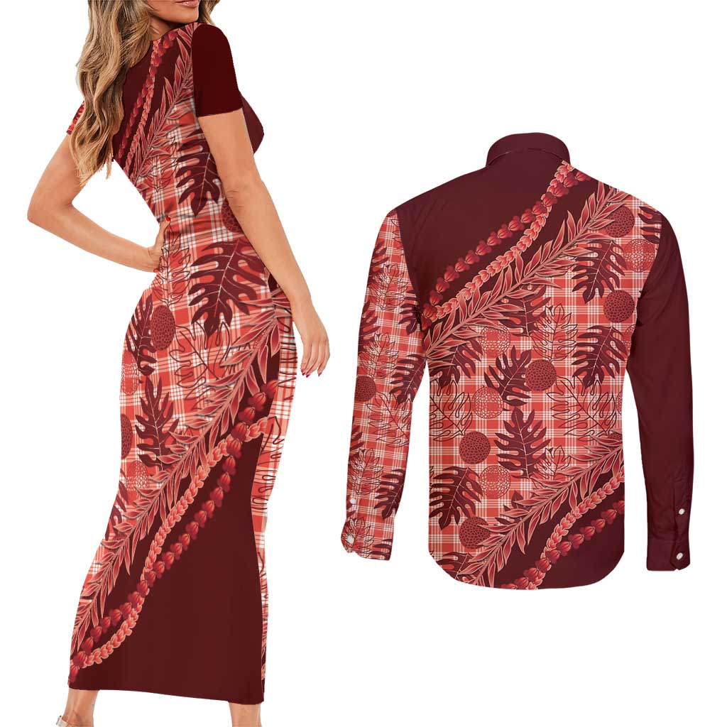 Hawaii Breadfruit Palaka Couples Matching Short Sleeve Bodycon Dress and Long Sleeve Button Shirt Ulaula Maile Lei - Polynesian Pride