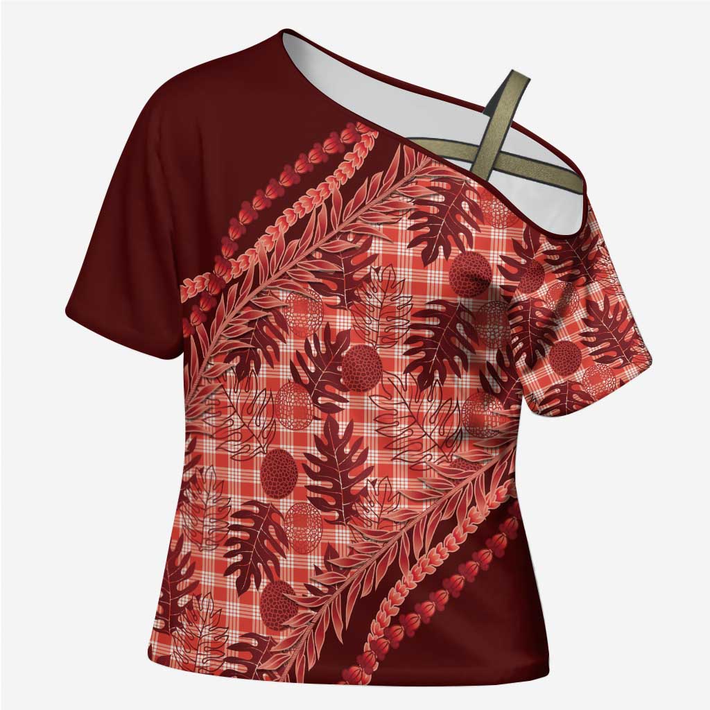 Hawaii Breadfruit Palaka Cross Shoulder Shirt Ulaula Maile Lei - Polynesian Pride