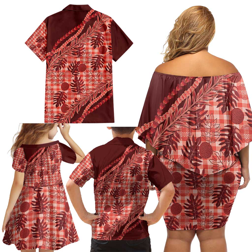 Hawaii Breadfruit Palaka Family Matching Off Shoulder Short Dress and Hawaiian Shirt Ulaula Maile Lei - Polynesian Pride