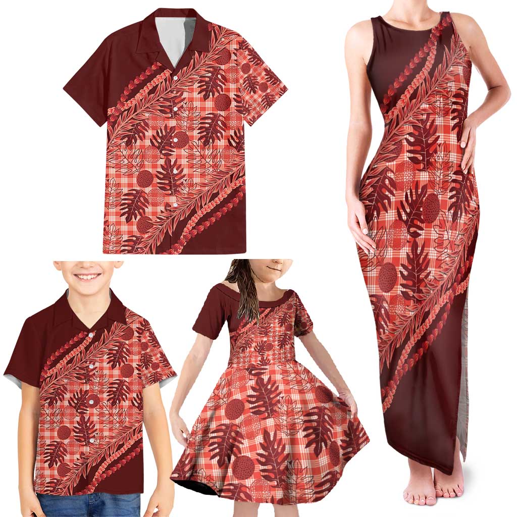 Hawaii Breadfruit Palaka Family Matching Tank Maxi Dress and Hawaiian Shirt Ulaula Maile Lei - Polynesian Pride